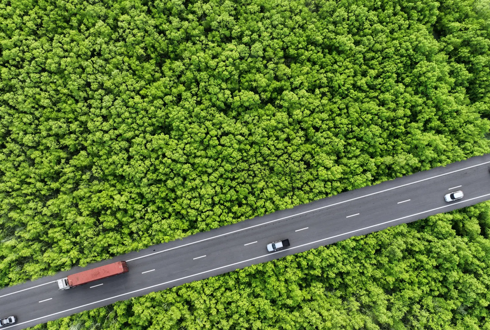 Aerial view of a highway through a green forest with commercial and passenger vehicles