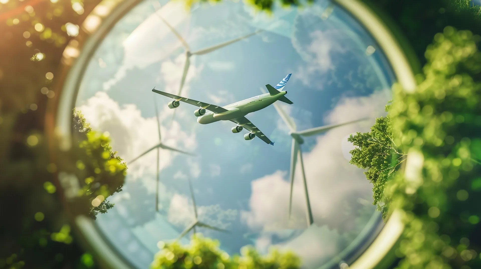 Aerial view through foliage toward an aircraft and wind turbines in a cloudy sky